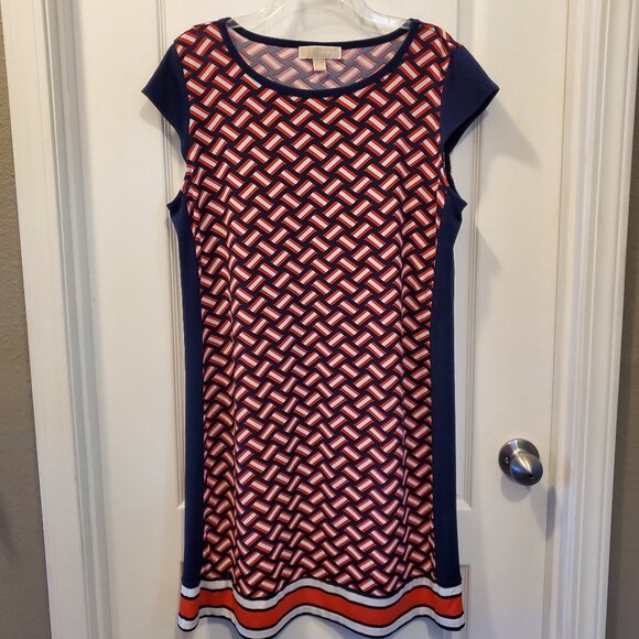 Michael Kors Shift Dress - Red White & Blue Geometric Print |Super stretchy XL - Picture 2 of 5